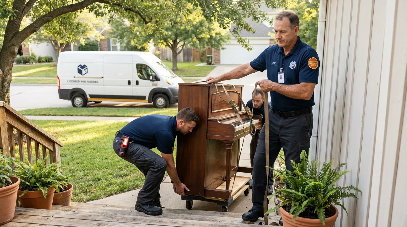 Licensed piano movers securing grand piano in Marissa, IL