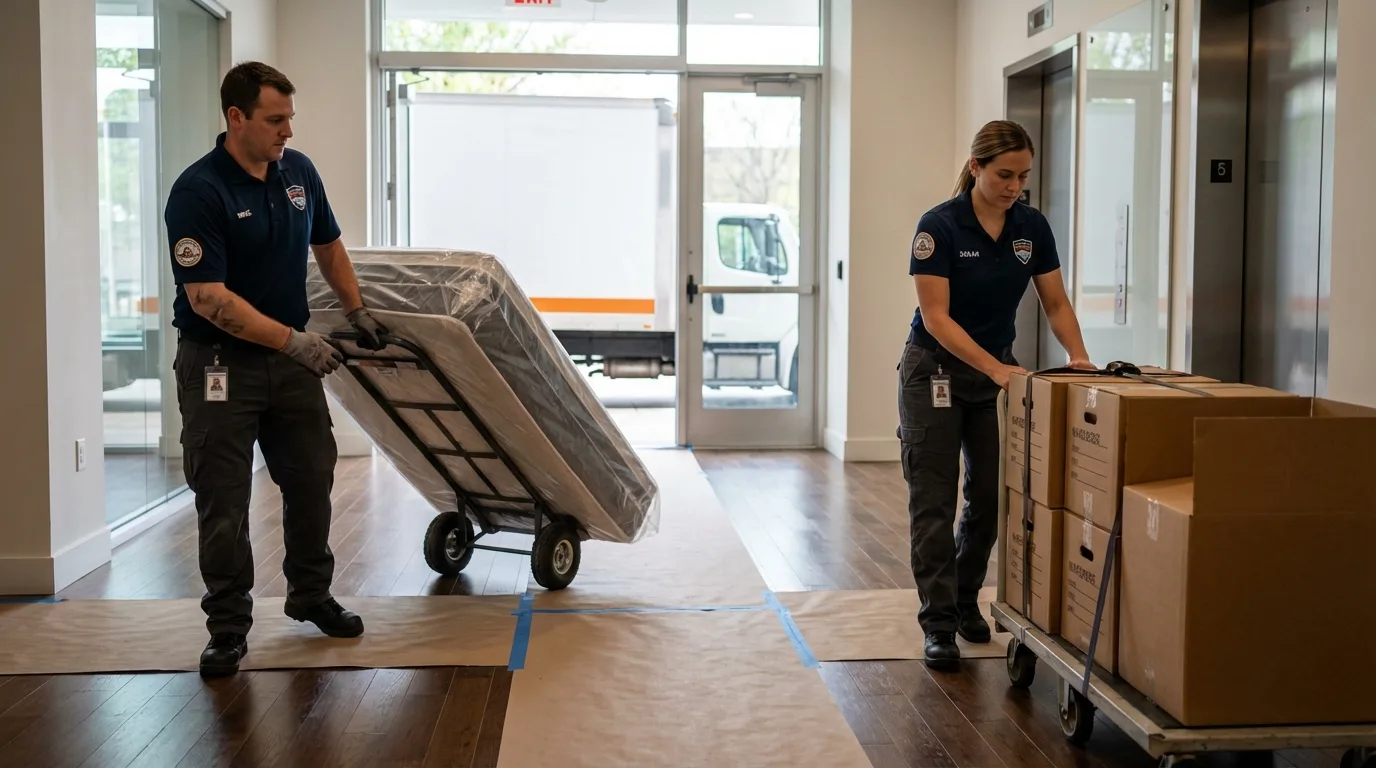 Professional apartment movers loading elevator in Marissa, IL